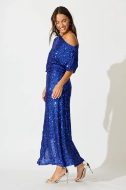 Fashion PRE ORDER Amiri Off Shoulder Maxi Dress in Cobalt Blue Sequin Dresses|Party