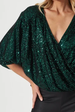 Best PRE ORDER Celebration Sequin Mock Wrap Top In Green Tops|Party & Occasion