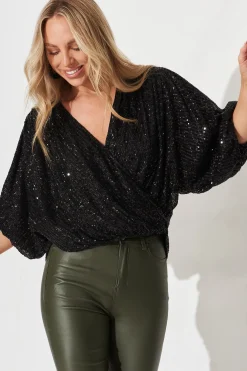 New PRE ORDER Celebration Sequin Mock Wrap Top In Black Tops|Party & Occasion