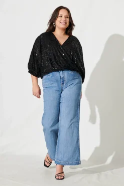 New PRE ORDER Celebration Sequin Mock Wrap Top In Black Tops|Party & Occasion