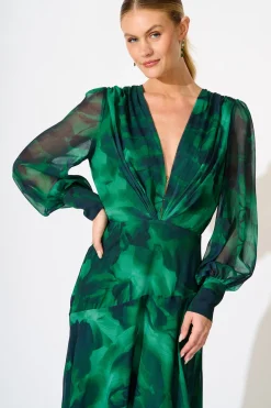 Clearance PRE ORDER Martina Maxi Dress in Green Watercolour Chiffon Dresses|Party