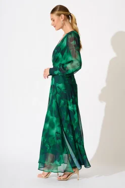 Clearance PRE ORDER Martina Maxi Dress in Green Watercolour Chiffon Dresses|Party