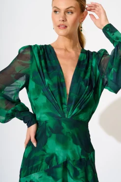 Clearance PRE ORDER Martina Maxi Dress in Green Watercolour Chiffon Dresses|Party