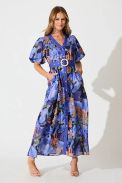 Clearance PRE ORDER Mystical Bloom Maxi Dress in Blue with Multi Linen Blend Dresses|Party