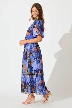 Clearance PRE ORDER Mystical Bloom Maxi Dress in Blue with Multi Linen Blend Dresses|Party