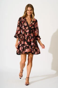 Clearance PRE ORDER Riverstone Dress in Black Floral with Black Lace Trim Dresses|Party