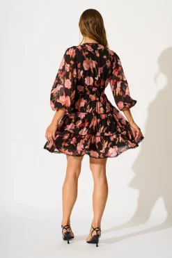 Clearance PRE ORDER Riverstone Dress in Black Floral with Black Lace Trim Dresses|Party