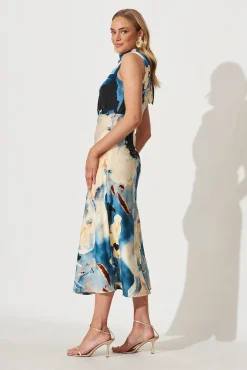 Discount PRE ORDER Vision Of Love Midi Dress In Blue Multi Watercolour Satin Dresses|Party