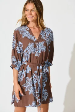 Clearance Prelude Dress in Brown with Cornflower Blue Floral Dresses|Casual