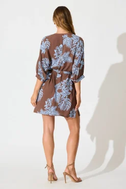 Clearance Prelude Dress in Brown with Cornflower Blue Floral Dresses|Casual
