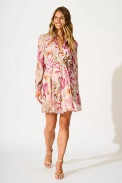 Hot Pria Dress in Pink Leaf Print Dresses|Casual