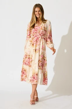 Fashion Primavera Midi Dress in Cream with Pink Floral Dresses|Casual
