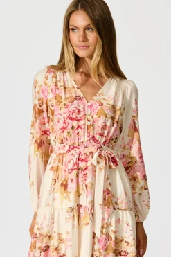 Fashion Primavera Midi Dress in Cream with Pink Floral Dresses|Casual
