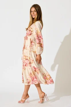 Fashion Primavera Midi Dress in Cream with Pink Floral Dresses|Casual