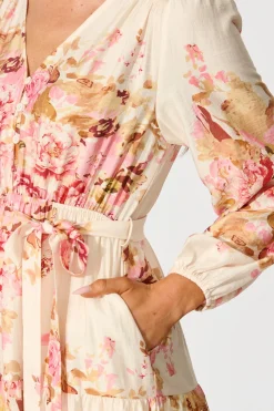 Fashion Primavera Midi Dress in Cream with Pink Floral Dresses|Casual