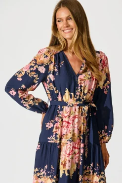 Online Primavera Midi Dress in Navy with Pink Floral Dresses|Casual