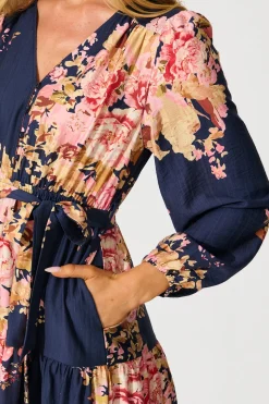 Online Primavera Midi Dress in Navy with Pink Floral Dresses|Casual