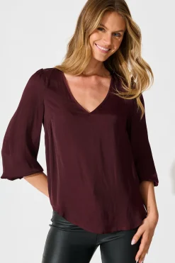 Outlet Pristine Top in Wine Satin Tops|Workwear