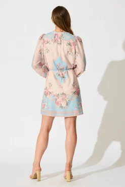 New Rania Dress in Pink and Blue Placement Linen Blend Dresses|Party