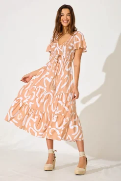 Best Ray Of Light Midi Dress In Beige With White Print Dresses|Casual