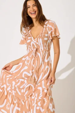 Best Ray Of Light Midi Dress In Beige With White Print Dresses|Casual