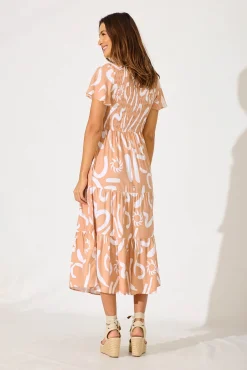 Best Ray Of Light Midi Dress In Beige With White Print Dresses|Casual