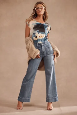 Clearance Rejina Top In Blue And Cream Watercolour Satin Tops|Workwear