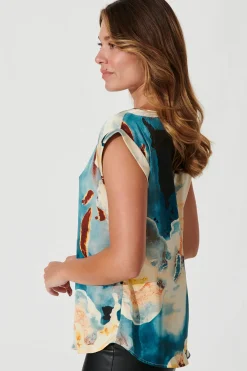 Clearance Rejina Top In Blue And Cream Watercolour Satin Tops|Workwear