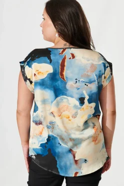 Clearance Rejina Top In Blue And Cream Watercolour Satin Tops|Workwear