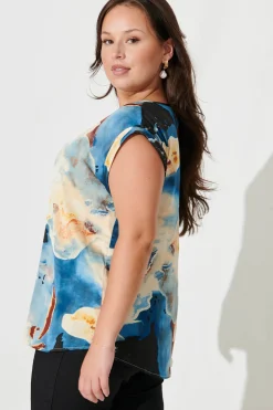Clearance Rejina Top In Blue And Cream Watercolour Satin Tops|Workwear