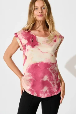 New Rejina Top in Magenta Watercolour Satin Tops|Workwear