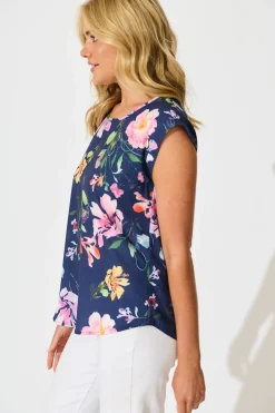 Fashion Rejina Top In Navy With Multi Floral Print Tops|Workwear