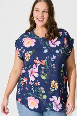 Fashion Rejina Top In Navy With Multi Floral Print Tops|Workwear