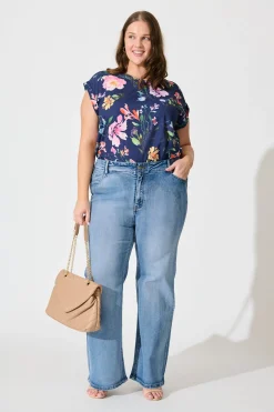 Fashion Rejina Top In Navy With Multi Floral Print Tops|Workwear