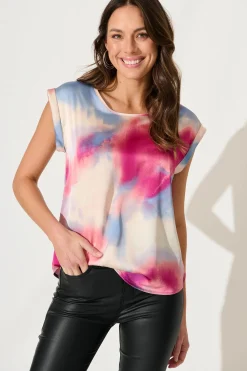 Outlet Rejina Top In Pink And Blue Watercolour Satin Tops|Workwear