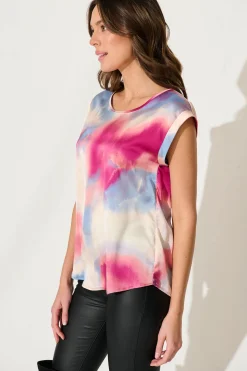 Outlet Rejina Top In Pink And Blue Watercolour Satin Tops|Workwear