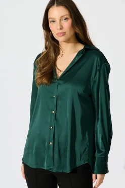 New Retroshine Shirt in Emerald Satin Tops|Workwear