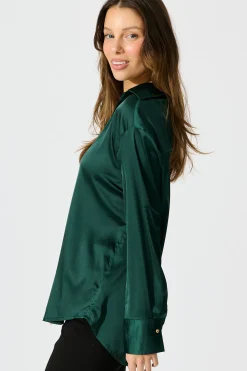 New Retroshine Shirt in Emerald Satin Tops|Workwear