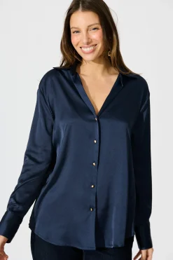 Clearance Retroshine Shirt in Navy Satin Tops|Workwear