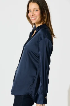 Clearance Retroshine Shirt in Navy Satin Tops|Workwear