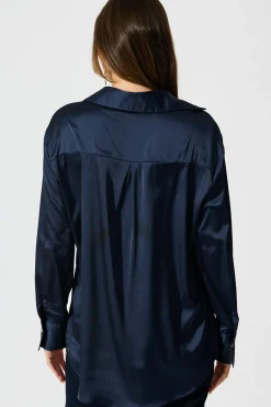 Clearance Retroshine Shirt in Navy Satin Tops|Workwear