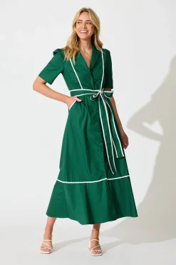 Clearance Rhea Maxi Shirt Dress in Emerald with Contrast Piping Cotton Dresses|Casual