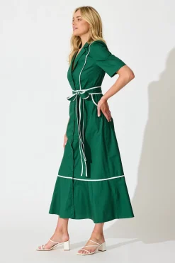 Clearance Rhea Maxi Shirt Dress in Emerald with Contrast Piping Cotton Dresses|Casual