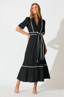 Hot Rhea Maxi Shirt Dress in Black with Contrast Piping Cotton Dresses|Casual