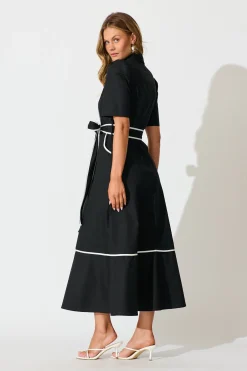 Hot Rhea Maxi Shirt Dress in Black with Contrast Piping Cotton Dresses|Casual