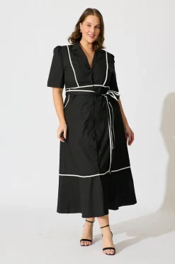 Hot Rhea Maxi Shirt Dress in Black with Contrast Piping Cotton Dresses|Casual