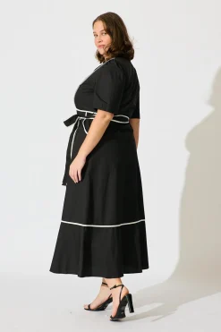 Hot Rhea Maxi Shirt Dress in Black with Contrast Piping Cotton Dresses|Casual