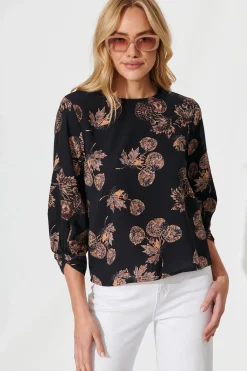 Fashion Rhiah Top in Charcoal with Apricot Floral Tops|Workwear