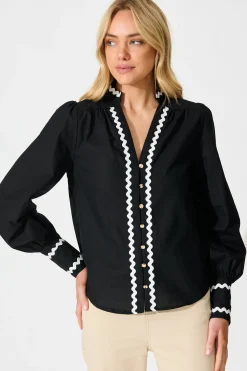 Clearance Ricki Top in Black with White Ric Rac Trim Cotton Tops