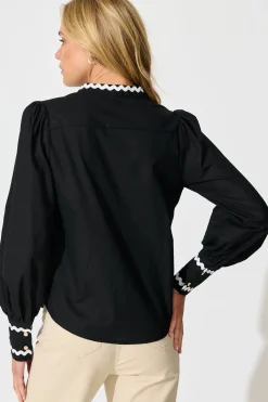 Clearance Ricki Top in Black with White Ric Rac Trim Cotton Tops